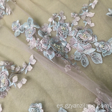 Tela de flor hecha a mano de malla de poliéster rosa flor azul